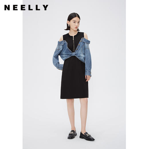 NEELLY纳俪商场同款设计感拼接牛仔连衣裙时尚洋气假两件露肩裙子N24031Y01144 商品图1