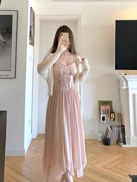 春夏款【法式甜美设计感 拼接吊带连衣裙女】收腰显瘦 纯欲风 仙女中长裙潮