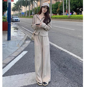 春秋季【休闲套装 灰色长袖连帽卫衣外套女】宽松阔腿裤 长裤子 运动两件套