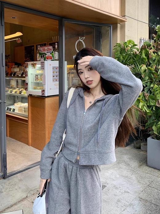 春秋季【休闲套装 灰色长袖连帽卫衣外套女】宽松阔腿裤 长裤子 运动两件套 商品图2