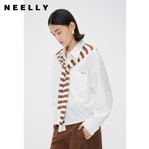 NEELLY纳俪商场同款春季披肩设计感衬衫女小众韩版宽松简约短衬衣N24031B01135 商品图0