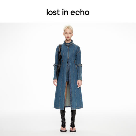lost in echo2024春季新品设计师品牌分割线扣带酸洗牛仔长外套 商品图3