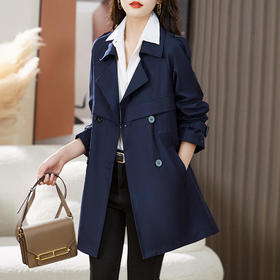 ZY-2389女装外套新款韩版修身翻领双排扣中长款女式风衣