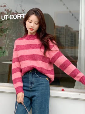 【百图lulu定制】【彩虹毛衣】betu百图 彩色条纹半高领通勤套头宽松毛衣上衣