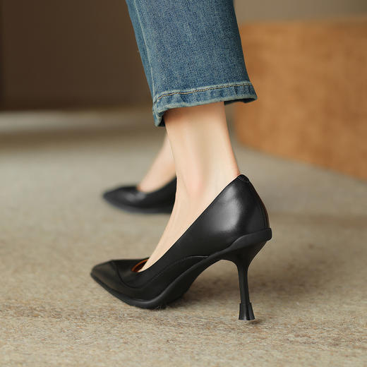 阿么手工女鞋真皮浅口高跟鞋百搭细跟7.5CM工作职业尖头气质单鞋 商品图3