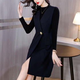 TZF-时尚职业通勤连衣裙女秋冬新款气质显瘦黑色毛衣背带裙两件套