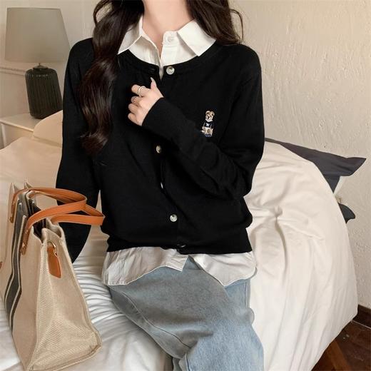 春秋季【小熊刺绣长袖针织衫开衫外套女】宽松纯色毛衣 短款上衣 商品图6