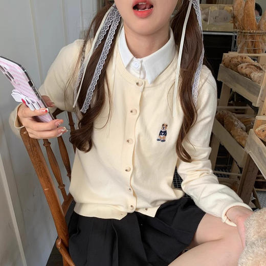 春秋季【小熊刺绣长袖针织衫开衫外套女】宽松纯色毛衣 短款上衣 商品图0