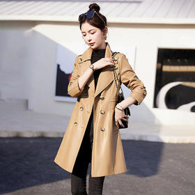 WA-5815A秋季新款女装韩版修身PU皮外套中长款双排扣女式皮衣