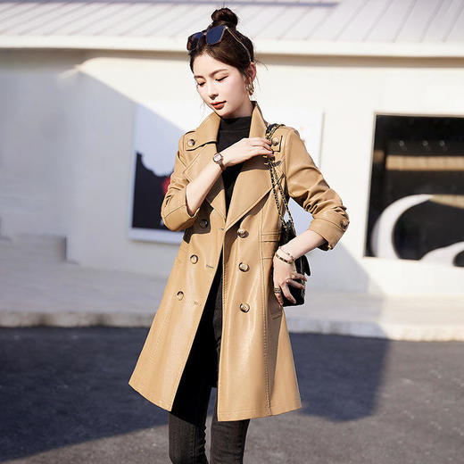 WA-5815A秋季新款女装韩版修身PU皮外套中长款双排扣女式皮衣 商品图0
