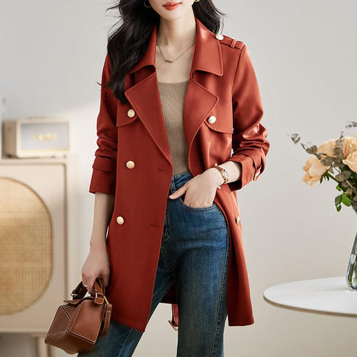 ZY-2375女装外套新款韩版修身翻领双排扣中长款女式风衣 商品图0