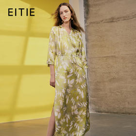 EITIE爱特爱春季新款时尚显瘦高腰舒适V领收腰印花连衣裙7307041