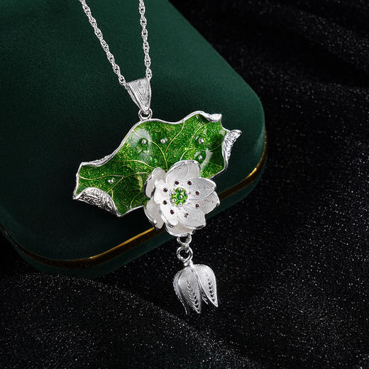 子佩集S990银【寒烟翠】吊坠【MXDZ013】花丝(不含链)珐琅彩绿荷叶2402 商品图0