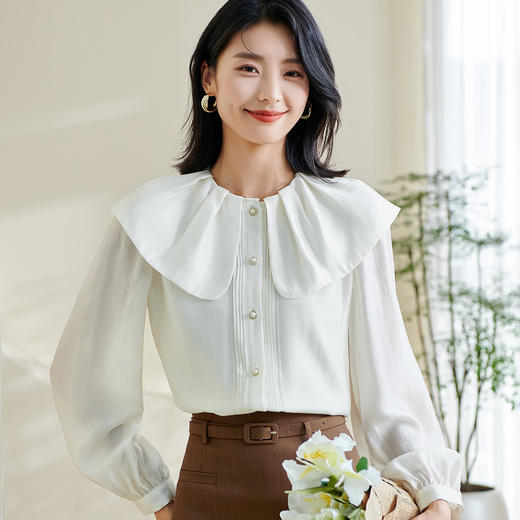 米思阳2026春季新款别致设计感白色衬衫荷叶领天丝宽松上衣女0305 商品图1