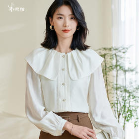 米思阳2026春季新款别致设计感白色衬衫荷叶领天丝宽松上衣女0305