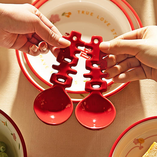 摩登主妇原创欢喜新婚礼物送新人中式红色碗盘筷结婚餐具套装礼盒 商品图2