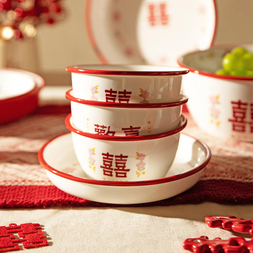 摩登主妇原创欢喜新婚礼物送新人中式红色碗盘筷结婚餐具套装礼盒 商品图1