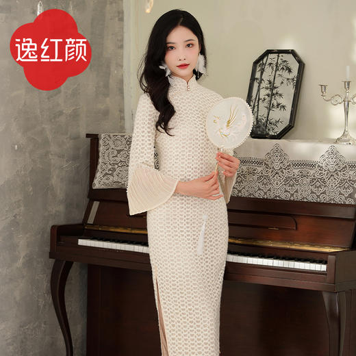 上海逸红颜春庭月2025春季新款弹力绒蕾丝暖感改良旗袍仙女连衣裙 商品图1