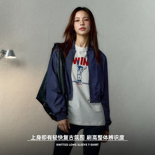 马登女装仿牛仔刺绣高腰棒球服辣妹风飞行员夹克拼接棒球衫外套 商品图3