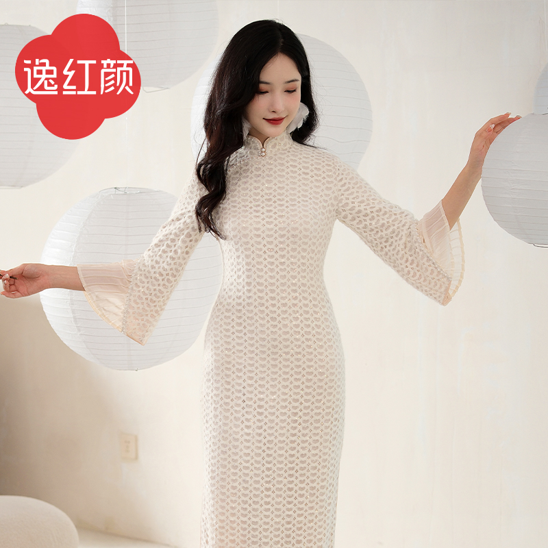 上海逸红颜春庭月2025春季新款弹力绒蕾丝暖感改良旗袍仙女连衣裙