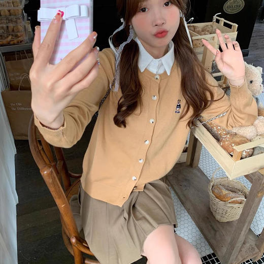 春秋季【小熊刺绣长袖针织衫开衫外套女】宽松纯色毛衣 短款上衣 商品图9