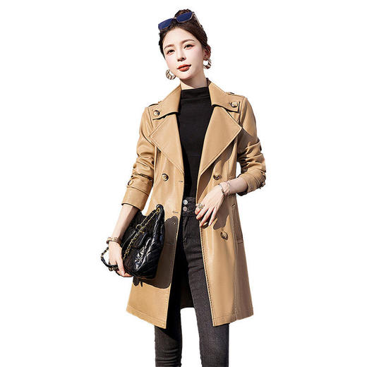 WA-5815A秋季新款女装韩版修身PU皮外套中长款双排扣女式皮衣 商品图4