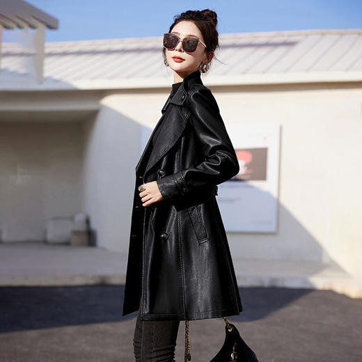 WA-5815A秋季新款女装韩版修身PU皮外套中长款双排扣女式皮衣 商品图2
