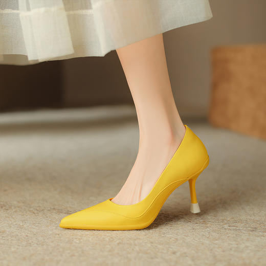 阿么手工女鞋真皮浅口高跟鞋百搭细跟7.5CM工作职业尖头气质单鞋 商品图4