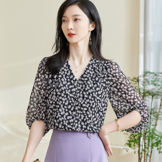 剩S/L 米思阳2025春季新款时尚减龄碎花衬衫宽松舒适微透泡泡袖上衣0373 商品图1