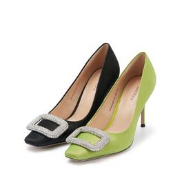 westory2024春季新款细高跟尖头钻饰方扣通勤小皮鞋W24AE56511