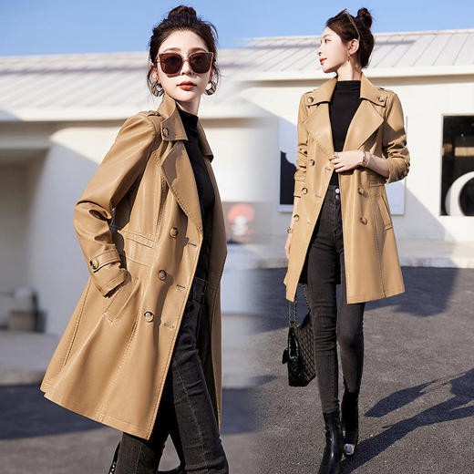 WA-5815A秋季新款女装韩版修身PU皮外套中长款双排扣女式皮衣 商品图6