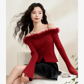 西遇法式纯欲一字肩毛衣女新款毛茸茸短款针织上衣10240043