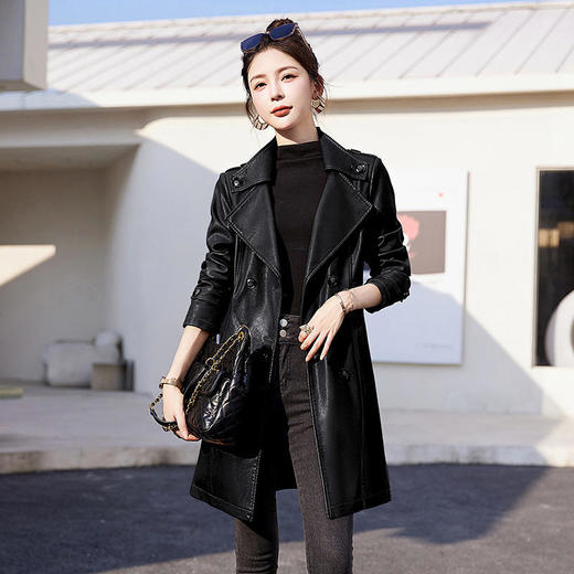 WA-5815A秋季新款女装韩版修身PU皮外套中长款双排扣女式皮衣 商品图1
