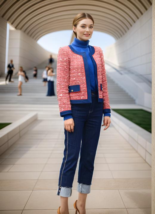 撞色夹压条高腰小香风外套 商品图1