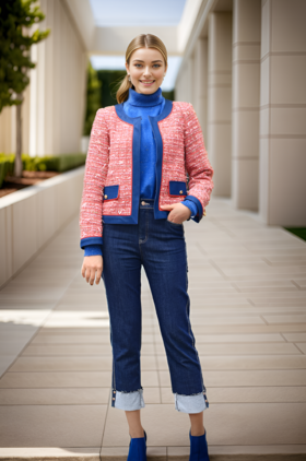 撞色夹压条高腰小香风外套