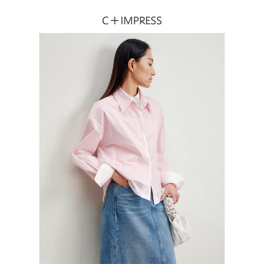 【预售15天】C+IMPRESS/西嘉拼接撞色假两件短箱型粉色衬衫女高密棉设计感宽松CS2401010 商品图1