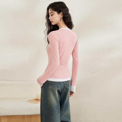 假两件拼色长袖T恤单穿内搭春季新款经典百搭修身打底衫V0640587 商品图4