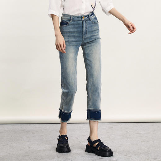 谜底特色直筒牛仔裤2024春新款复古高腰百搭拼色八分裤241MK0001 商品图1