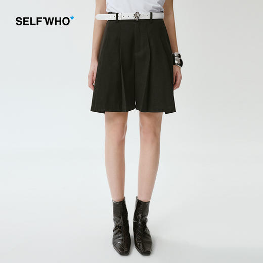 SELFWHO 黑色百褶裙裤女2024早春新款小个子高腰通勤垂感阔腿短裤 商品图0