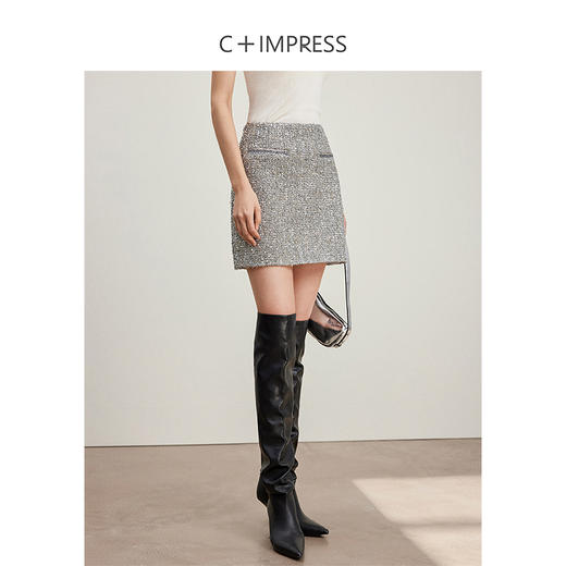 西嘉C+IMPRESS/西嘉高定亮片纱光泽感套装女织带小香风外套A字半身裙WT2401053 商品图3