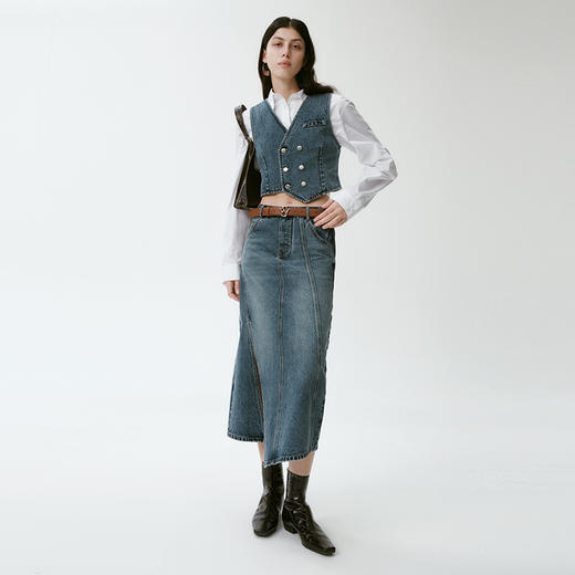 SELFWHO 纯棉复古牛仔半身裙2024新款春小个子设计感a字开叉裙子 商品图3