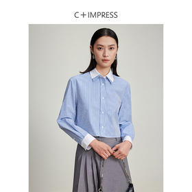 西嘉C+IMPRESS/西嘉MIU风短款蓝白条纹衬衫女进口棉撞色设计感小上衣CS2401062