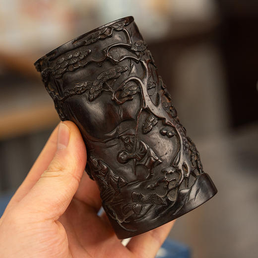 清 紫檀木雕渔樵耕读笔筒 商品图4