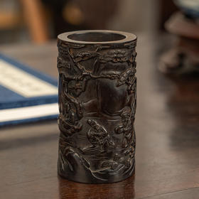 清 紫檀木雕渔樵耕读笔筒