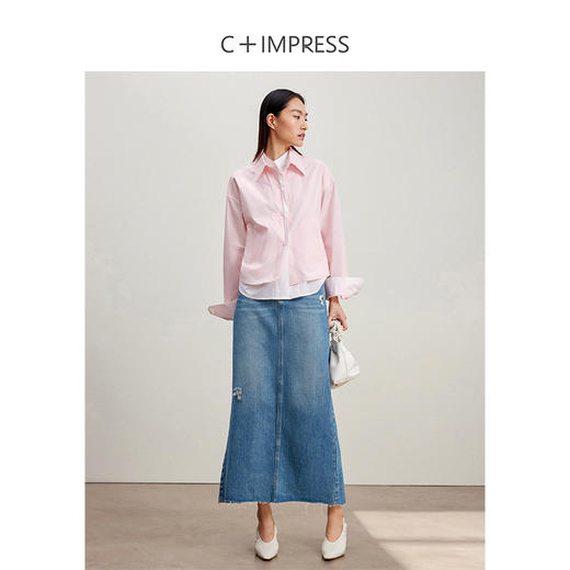 【预售15天】C+IMPRESS/西嘉拼接撞色假两件短箱型粉色衬衫女高密棉设计感宽松CS2401010 商品图2