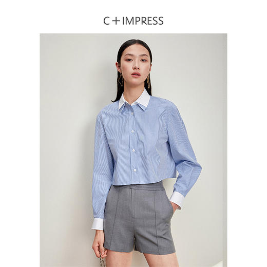 西嘉C+IMPRESS/西嘉MIU风短款蓝白条纹衬衫女进口棉撞色设计感小上衣CS2401062 商品图1