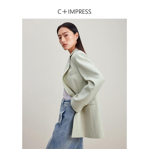 西嘉C+IMPRESS/西嘉静奢风西装外套女薄荷绿精纺羊毛设计感活页袖西服WT2401049 商品图3
