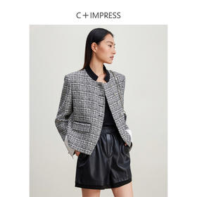 西嘉C+IMPRESS/西嘉新中式千金小香风外套女短款弧形门襟立领拼接格纹WT2401037