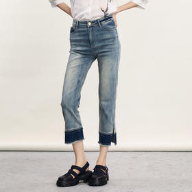 谜底特色直筒牛仔裤2024春新款复古高腰百搭拼色八分裤241MK0001