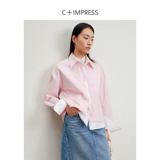 西嘉【预售15天】C+IMPRESS/西嘉拼接撞色假两件短箱型粉色衬衫女高密棉设计感宽松CS2401010 商品图0